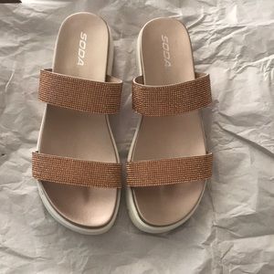 SODA rose gold jeweled two strap sandals